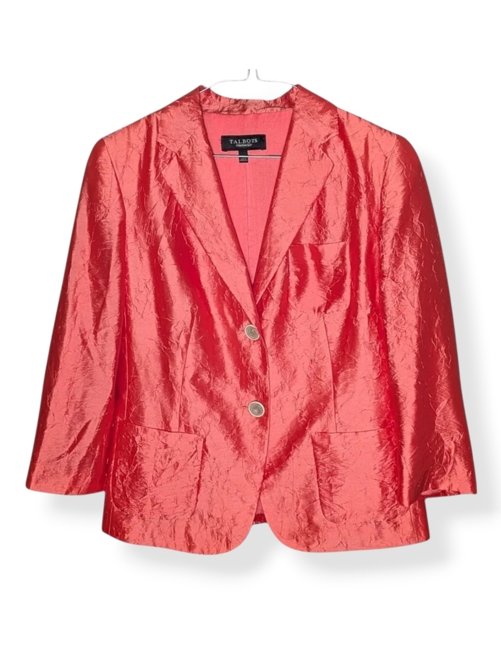 Talbots Coral Silk-Blend Crinkle Texture Blazer Shiny Statement Festival Jacket